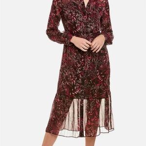 Nanette Lepore - Collared Floral Metallic Tie Waist Chiffon Dress